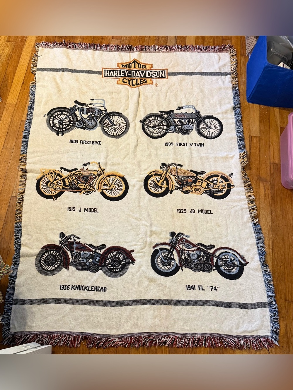 Vintage Harley Davidson Motorcycle FringeTapestry Throw Blanket 100% Cotton 46x6